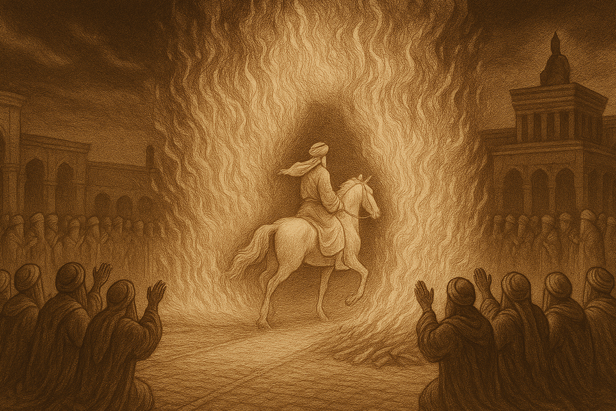 The doomed prince Siyavash riding his horse through a great wall of flame to prove his innocence at the trial by fire.