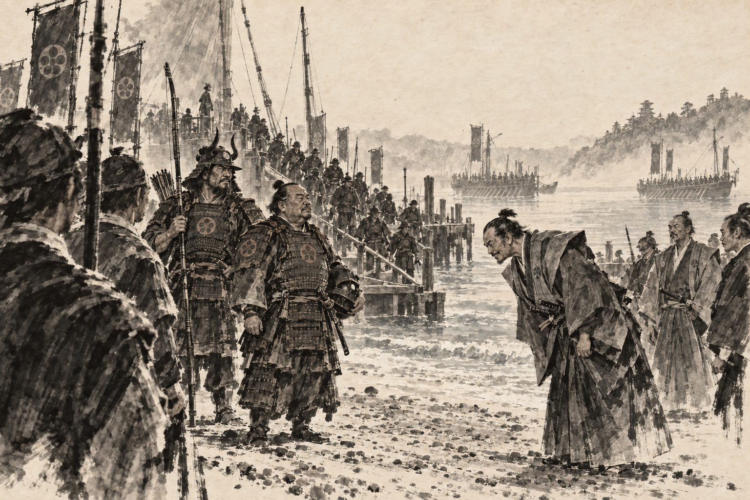 Toranaga and Buntaro come ashore
