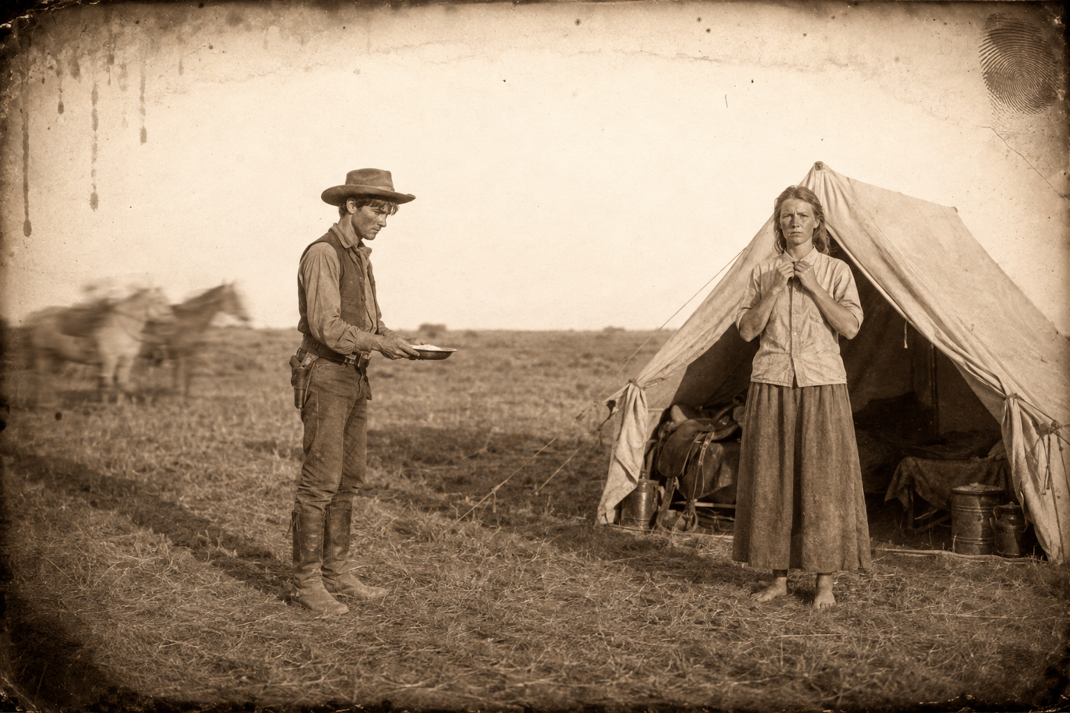 Morning at the tent — Lorena is already outside buttoning her shirt when Dish walks up with her breakfast, and every speech he practised in the night leaves him.