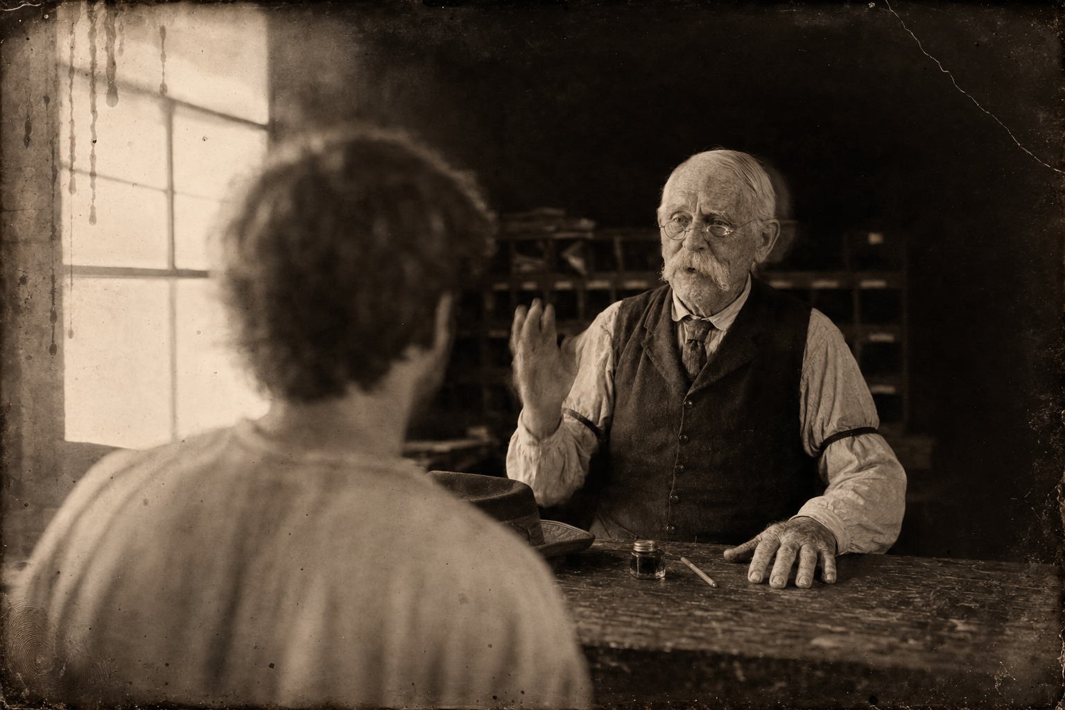 The clerk, shaking his head, tells July that Dee Boot never died of the smallpox — he is his own nephew, alive in Ogallala with five or six whores in his string.