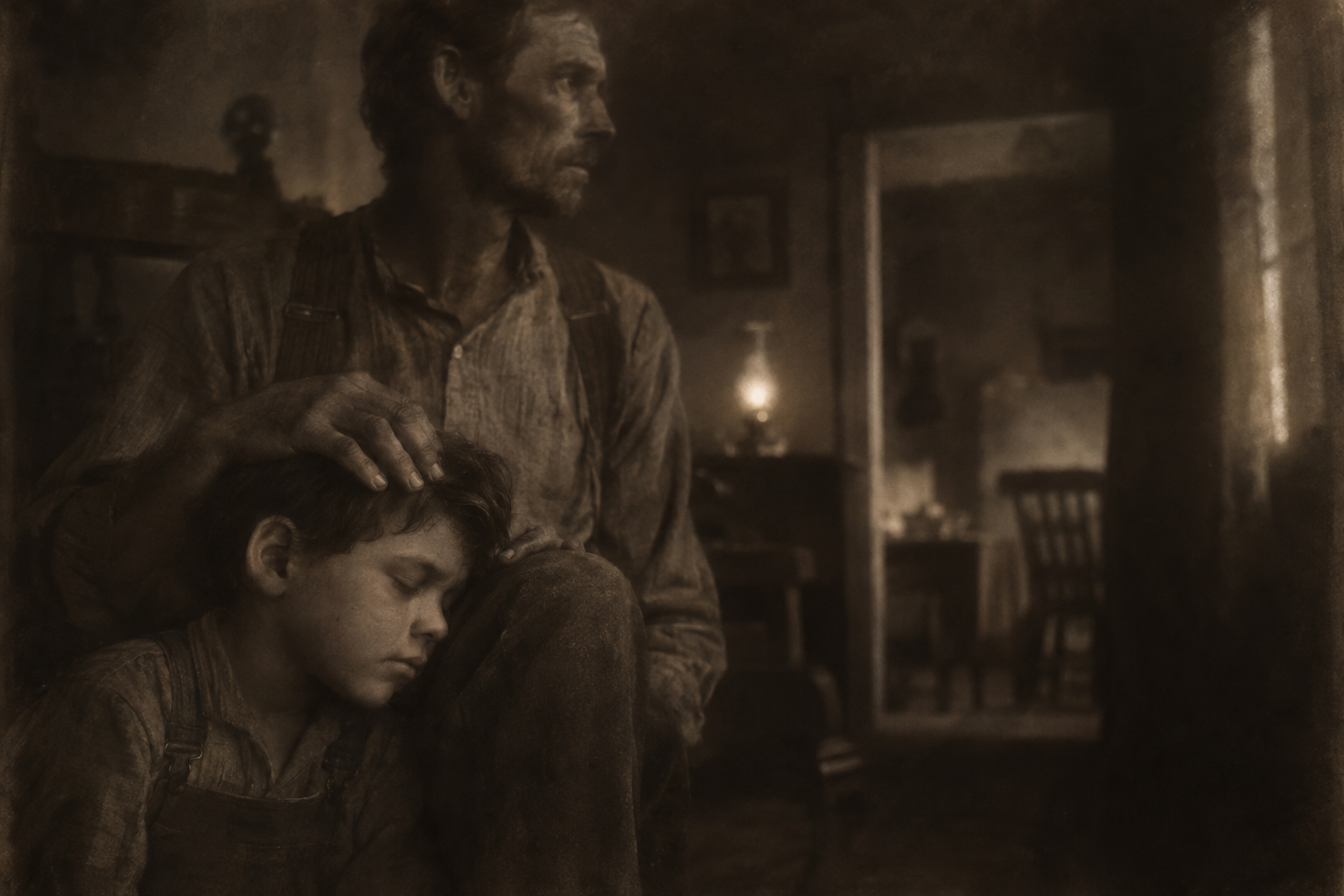 Against his father's knee