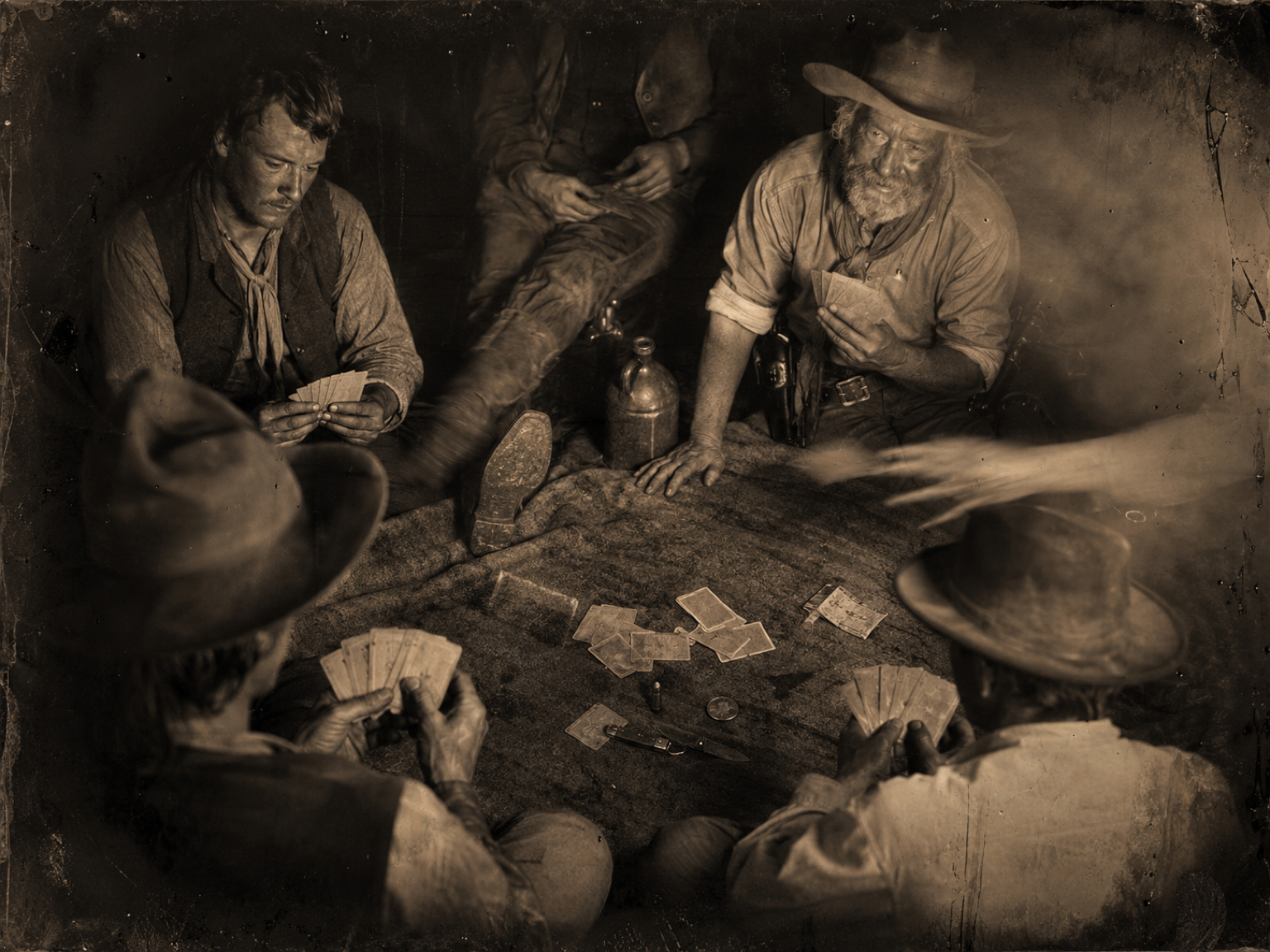 The card game breaks out on a saddle blanket by the fire, played for wages nobody has earned yet.