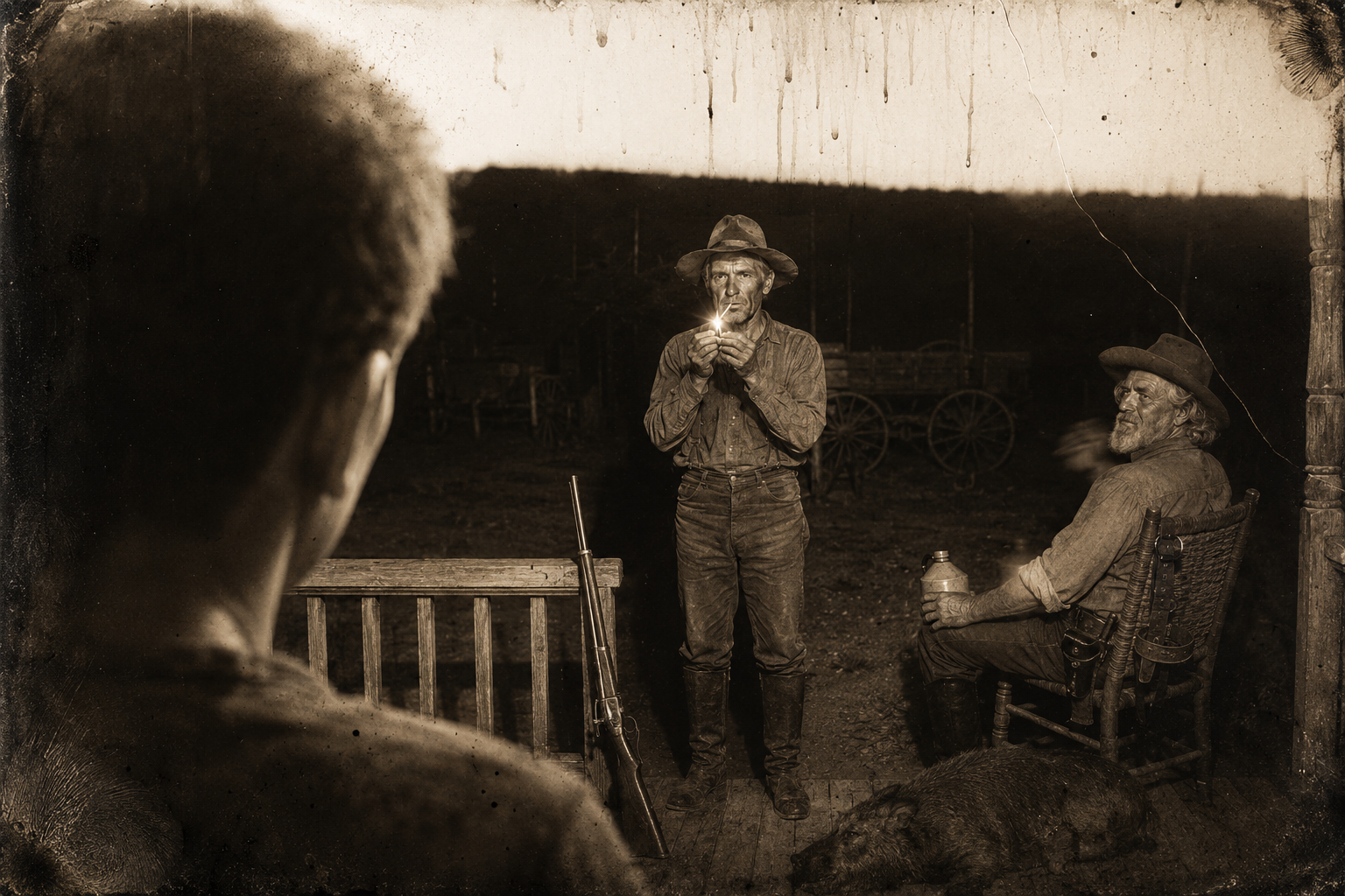 Call comes in out of the dark with his rifle, leans it against the porch rail and lights a smoke, and puts Newt off again — "You'll get old quick if you keep sitting up all night."