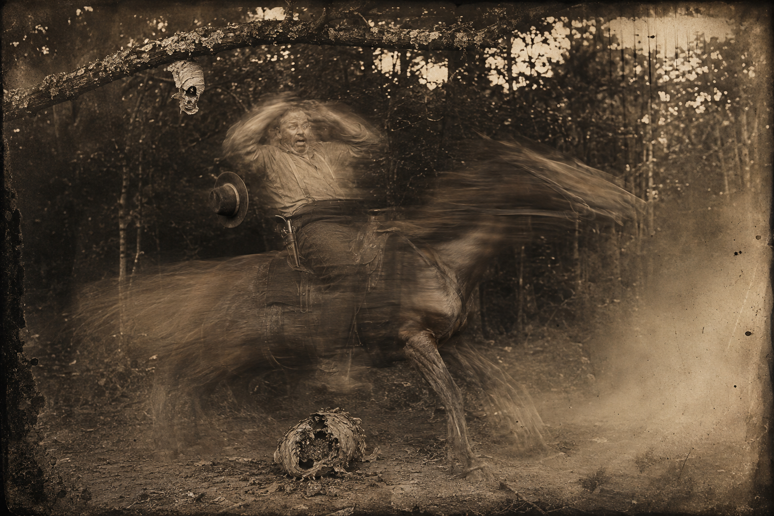 Half asleep in the saddle, Roscoe rides Memphis into a limb, the wasp nest drops into his lap and the yellow jackets come up at his face.