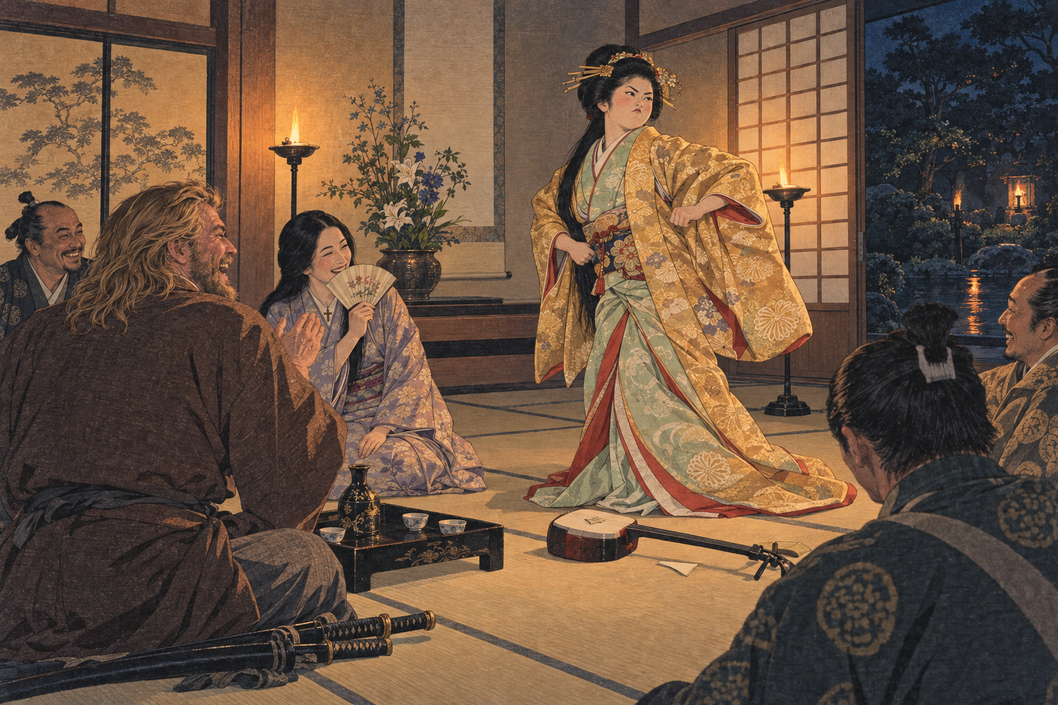 Kiku abandons the samisen for mimes