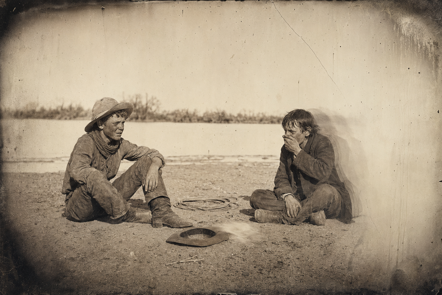 Newt and Sean resting by the river after a stretch of branding, and Sean crying at the thought of his dead mother.