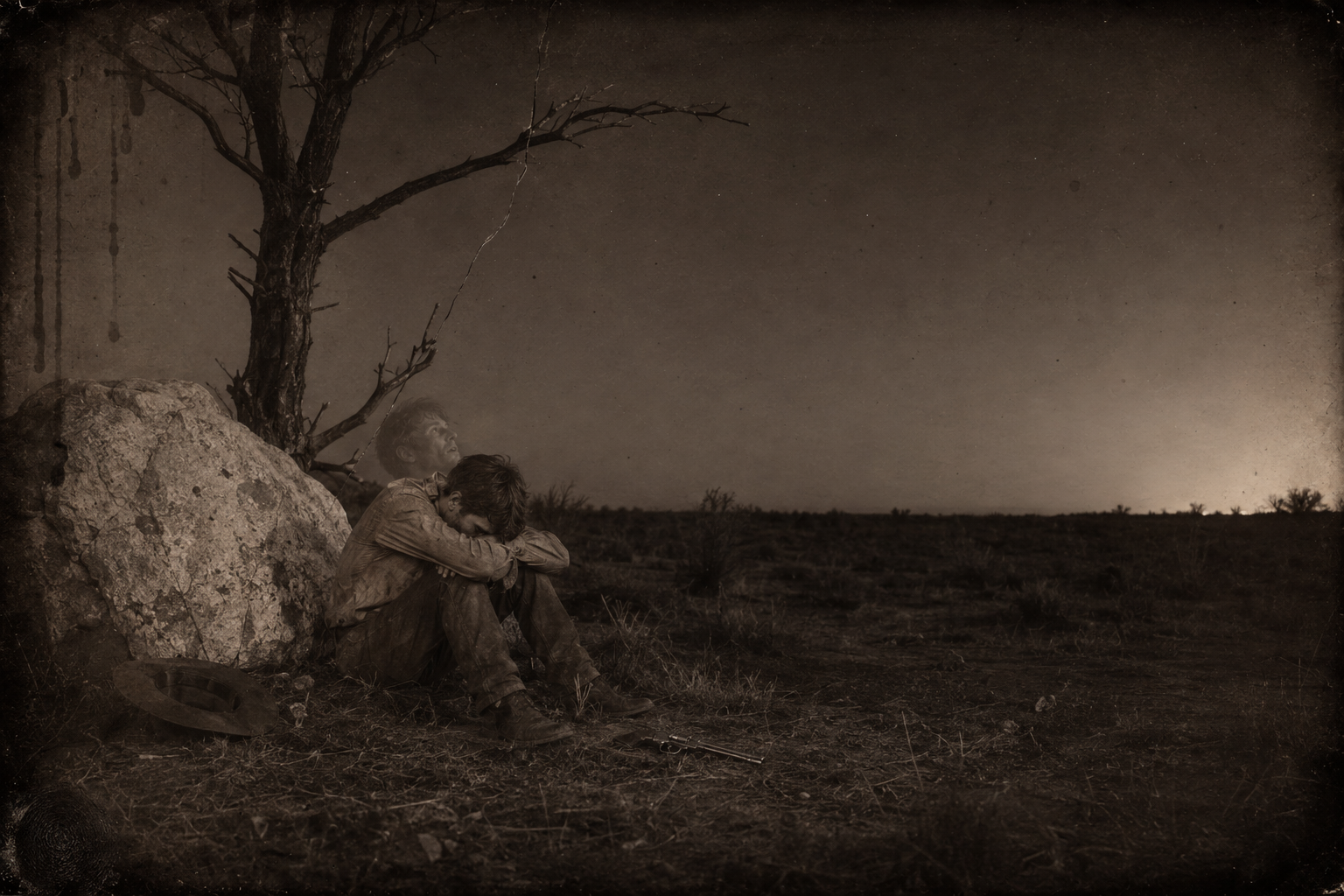 Newt sits down under the tree where Mouse should have been and cries, certain he is ruined as a cowboy.