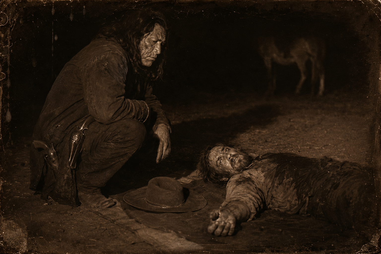 Dog Face lies gutshot on a saddle blanket while Blue Duck squats over him, blocking his view of the girl and asking how many men were in the party that shot him.
