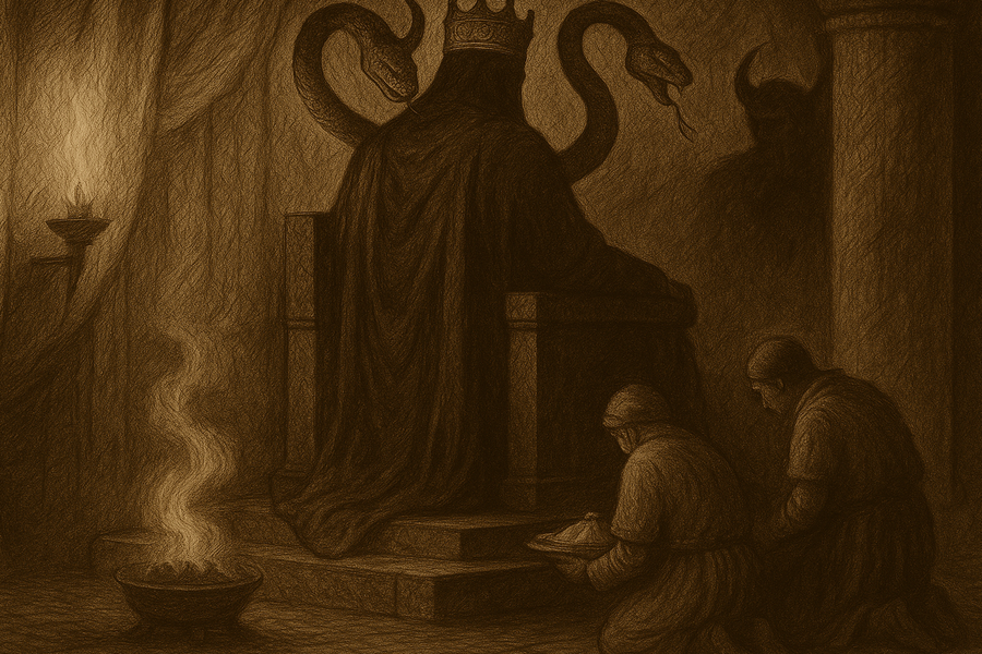 Zahhak the tyrant on his throne, two black serpents writhing from his shoulders.