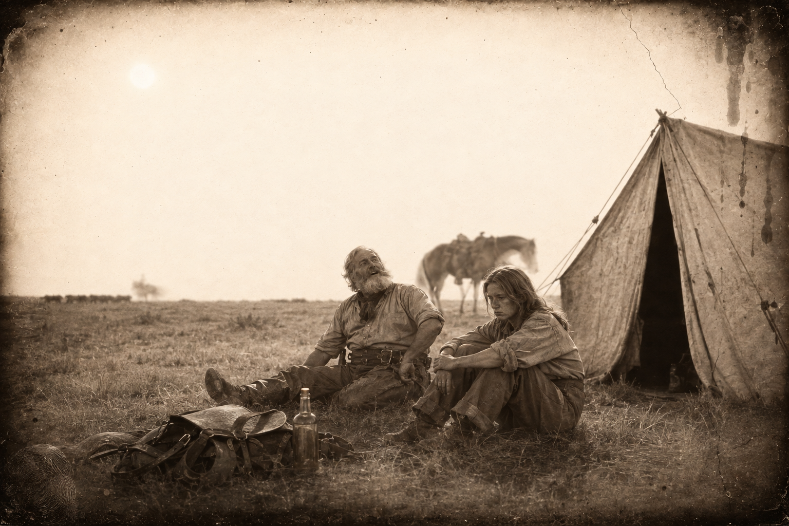 He rides back under a full moon and finds Lorena sitting outside the tent in the dark with her cheek wet; he talks about the moon and about singing, and she will not answer.