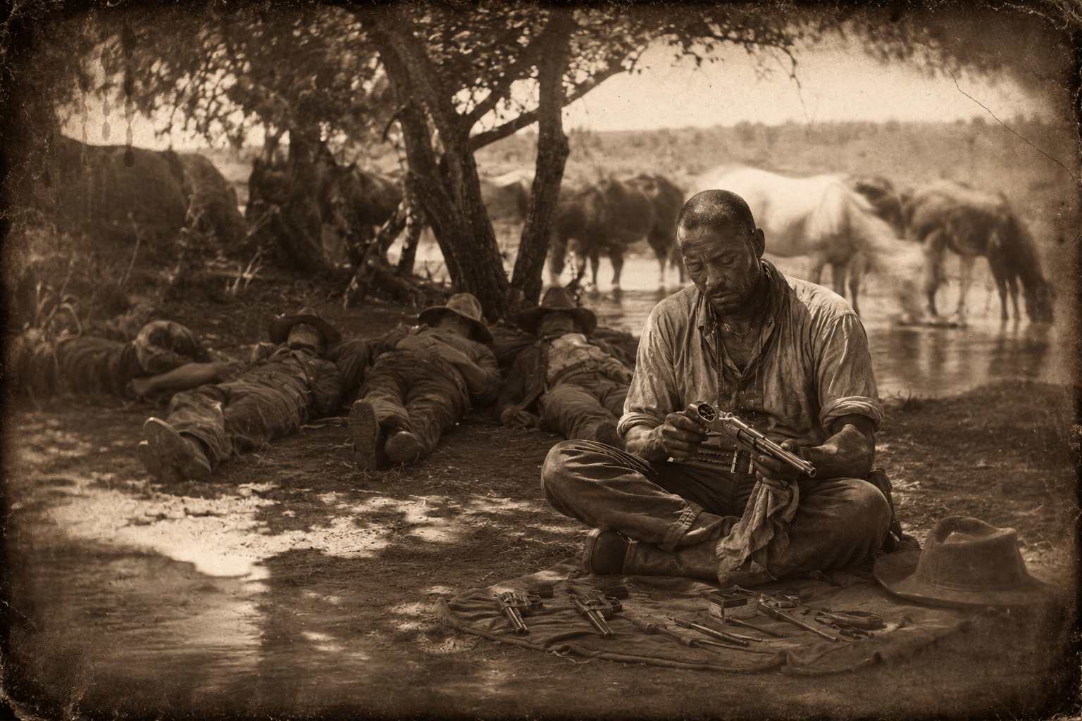 The long afternoon at the spring — the Suggs brothers nap under the low trees while Frog Lip sits apart, cleaning his guns.