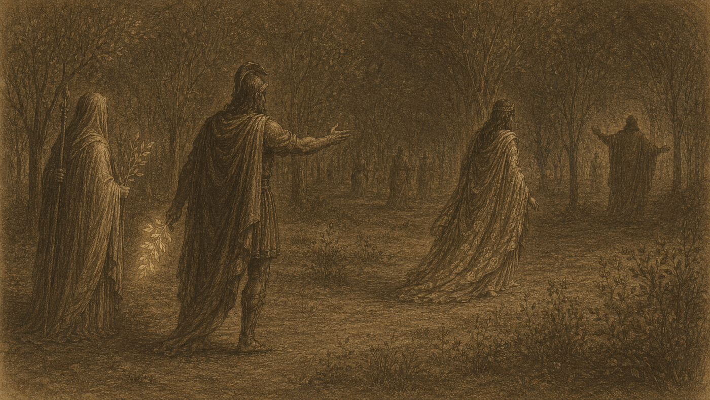 Pen-and-ink: The Descent to the Underworld; the Pageant of Heroes