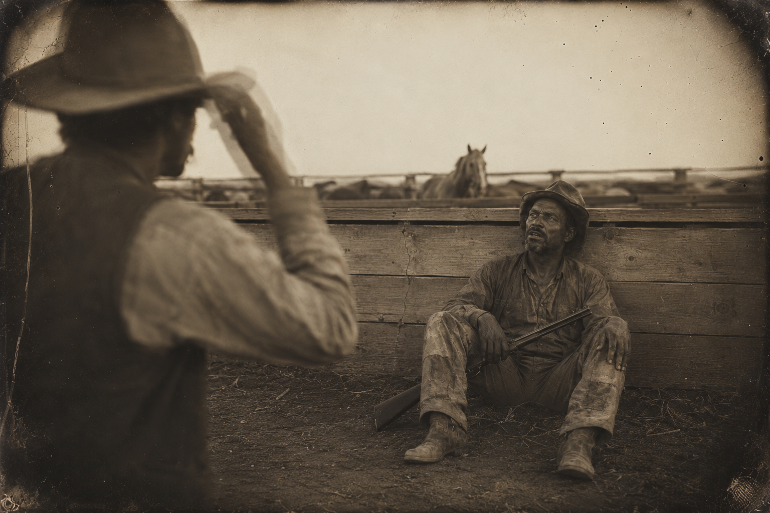 "Well, it all looks safe" — Dish stands over Deets and tells him he will stroll to the saloon and bathe his throat; Deets tells him to go along.