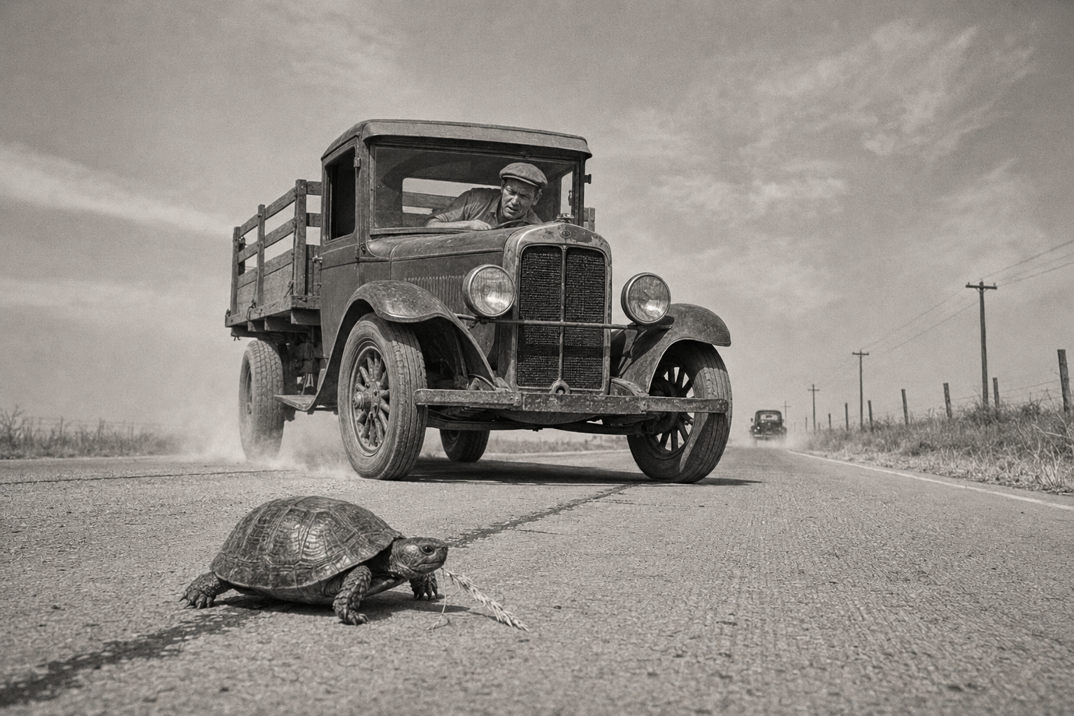 The truck swerves