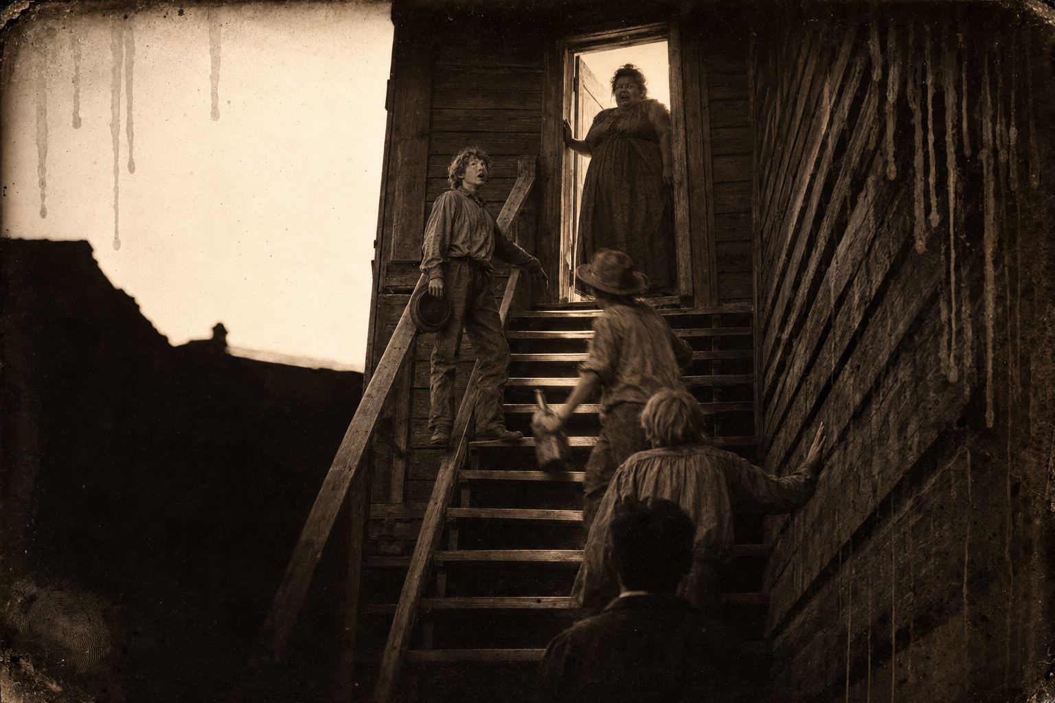 Drunk and leading without meaning to, Newt reaches the top of the saloon's back stairs and finds the door ajar and a large shape standing in it.