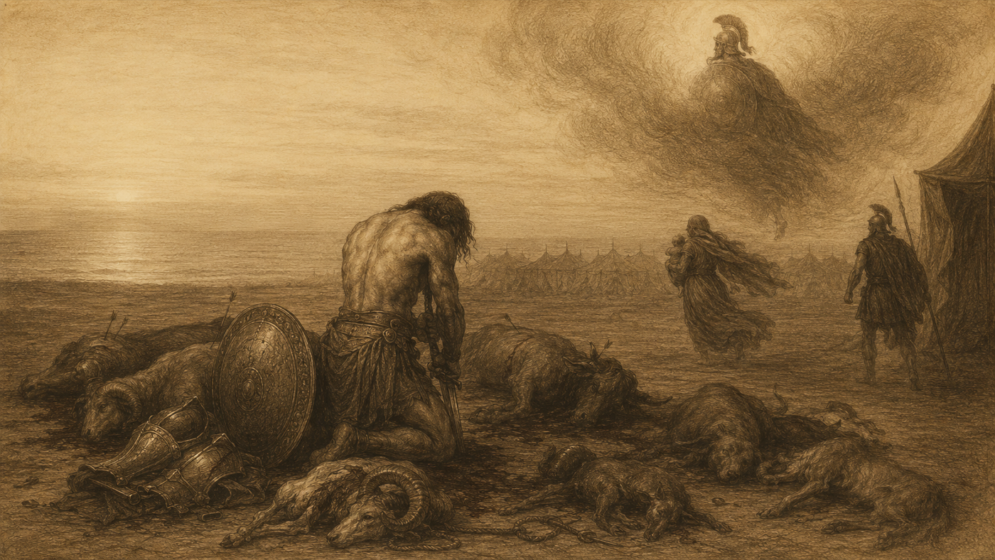 Pen-and-ink: The Judgement of the Arms; the Suicide of Ajax