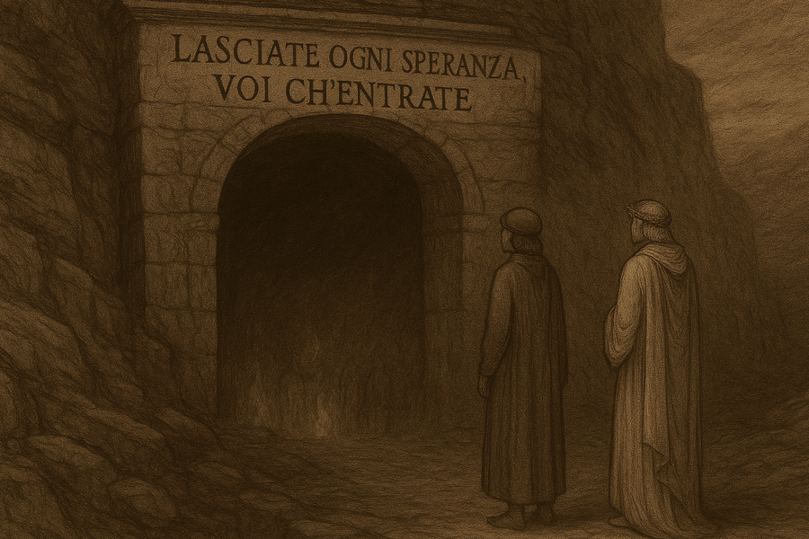 The two small figures of Dante and Virgil before the colossal stone gate of Hell, its Latin inscription cut deep across the lintel.