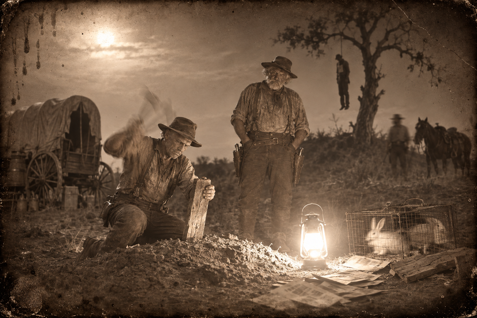 By moonlight and the drummer's lantern, Call hammers a marker made from the wagon's tailgate into Jake's grave; out in the dark, Dan Suggs is left hanging with a circular pinned to his shirt.