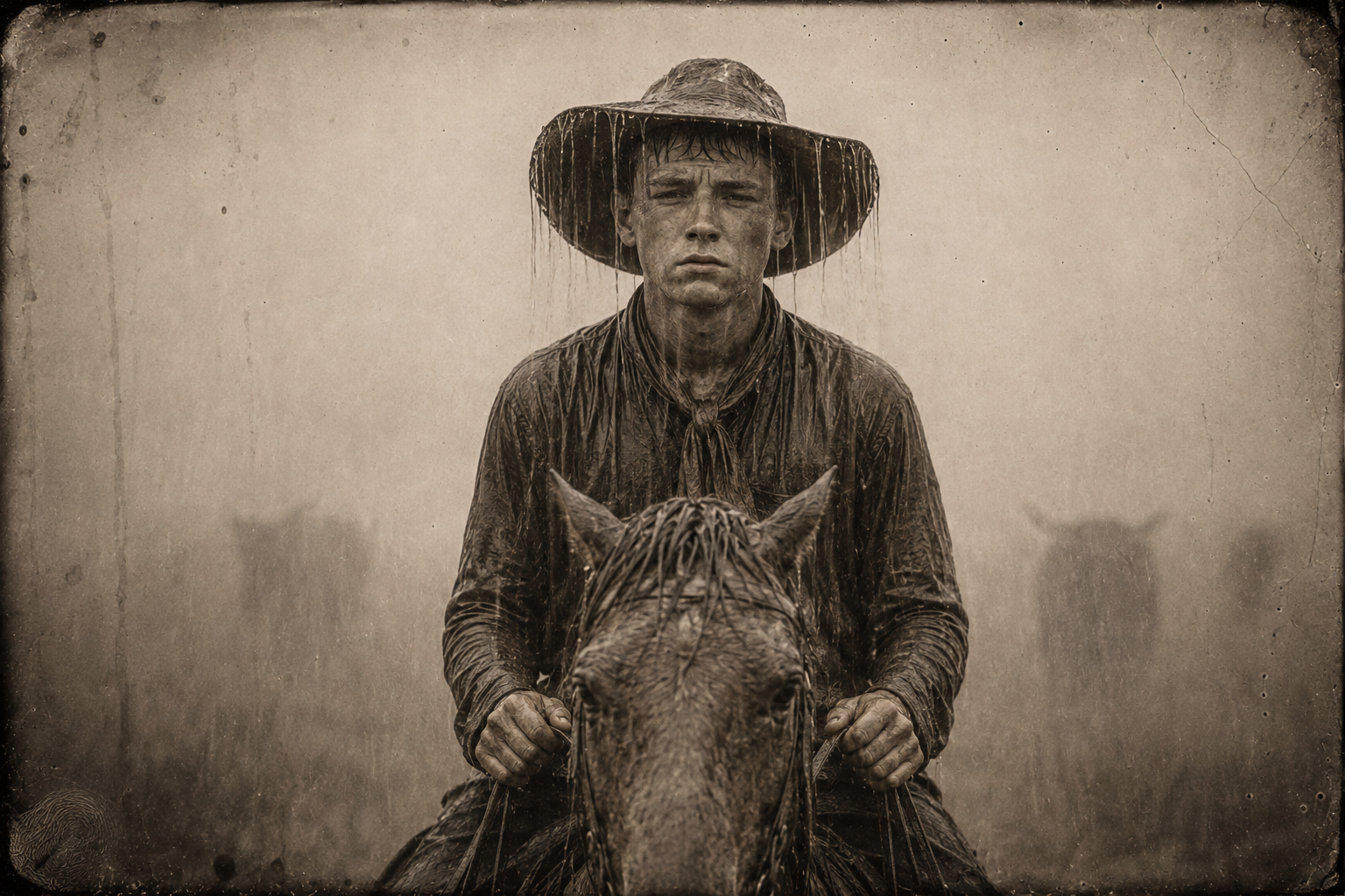 It rains so hard for two hours that the cattle are difficult to see; Newt mopes along on Mouse, chilled and depressed.
