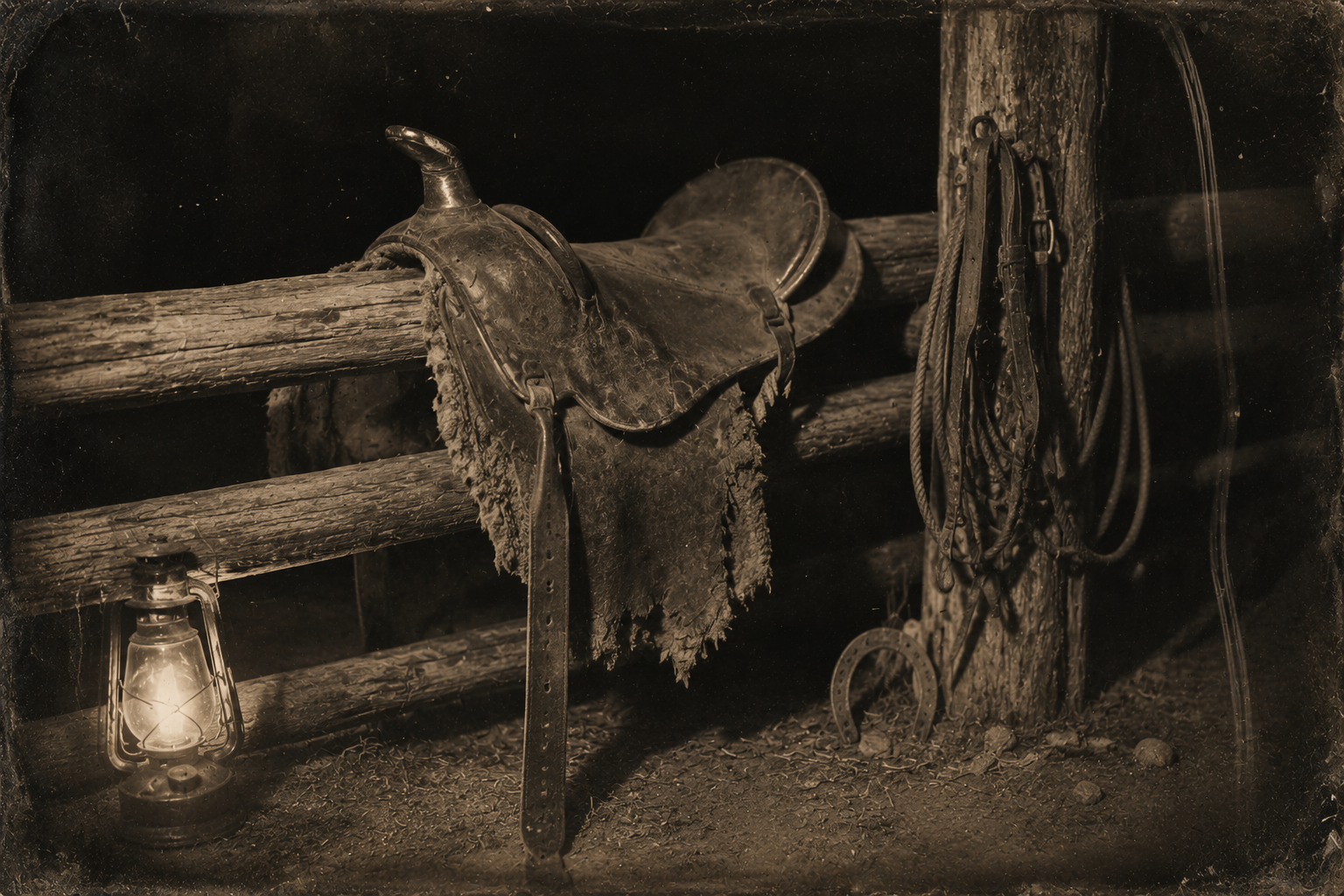 The rat-eaten singletree saddle borrowed from Peach Johnson, the only saddle Joe has.