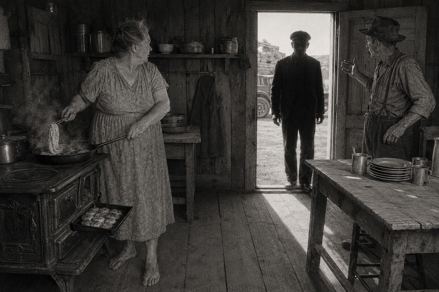 Ma at the stove, a stranger in the doorway