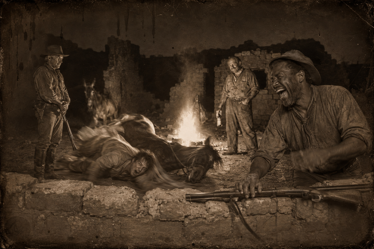 Sean springs onto the hobbled mule, is thrown over its head, and Deets rests his rifle on the adobe wall and laughs.