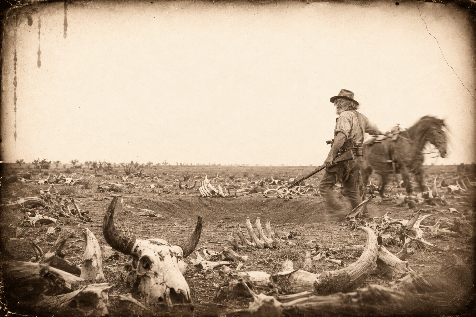 The white thing on the prairie turns out to be a slaughter-ground of buffalo bones, and in it a wallow a foot deep — the best cover he is going to get.