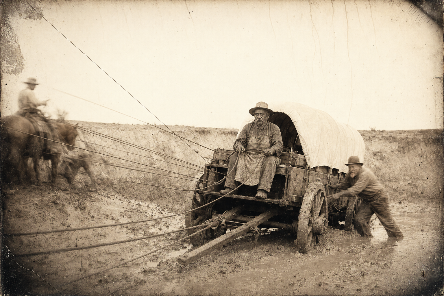 The hands get enough ropes on the wagon to pull it out of the gully — Bol refuses to budge from the wagon seat while the pullout takes place, and Lippy gets out to push.