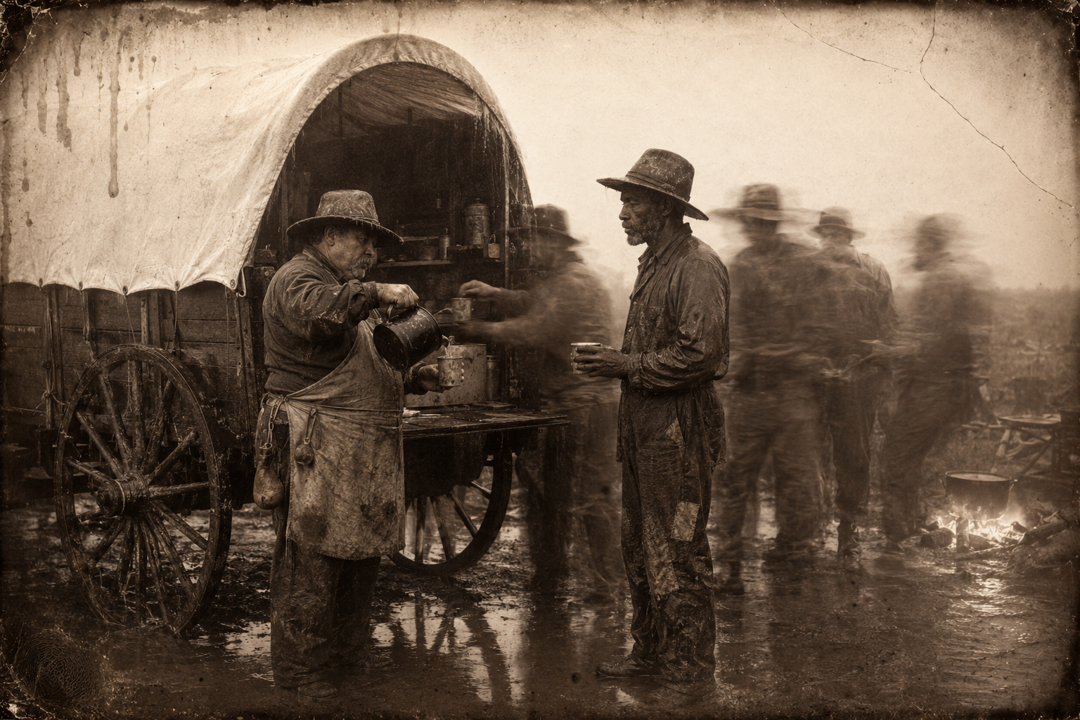The wet camp — Po Campo pours hot coffee down the men by the gallon while he and Deets, the acknowledged experts on weather, admit they do not know when it might stop raining.