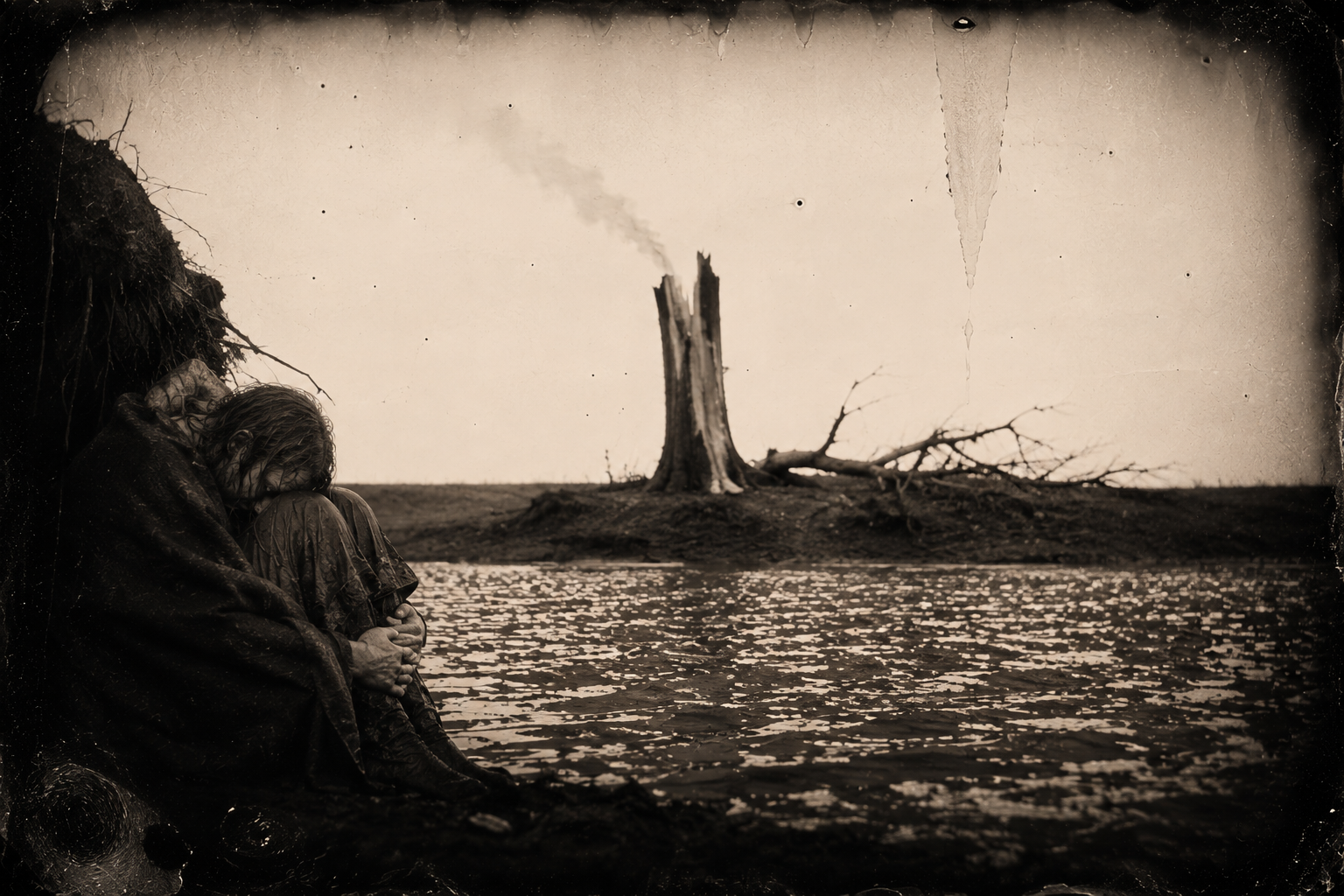Across the river the tree of their first camp stands split, the top part fallen; Lorena puts her head against her knees and waits.