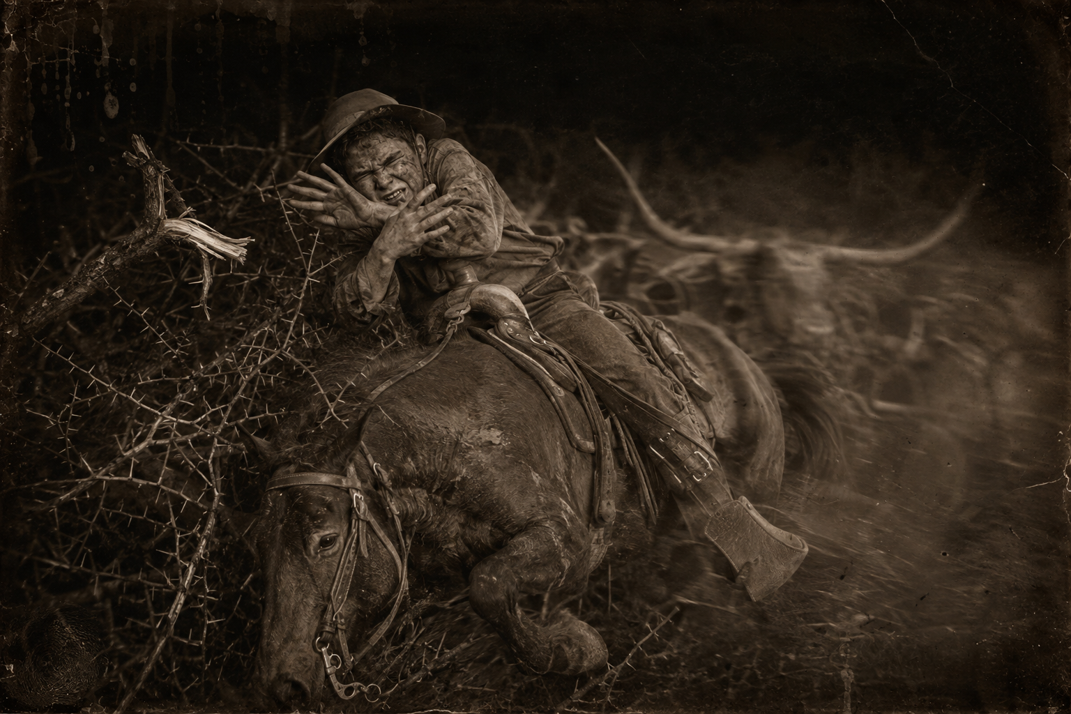 The herd hits a mesquite thicket; limbs pop, a branch takes Newt across the face, Mouse almost goes to his knees, and the brush checks the stampede.