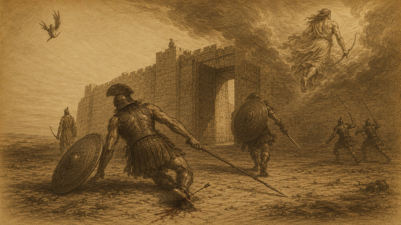 Pen-and-ink: The Death of Achilles by Paris's Arrow