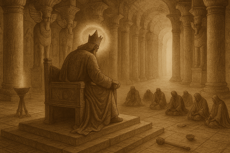 Jamshid, golden-throned, watching the farr depart as the divine glory abandons him.