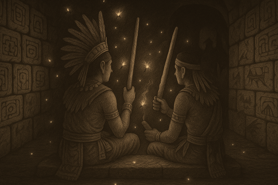 Fireflies glowing on the tips of cigars inside the pitch-dark House of Trials.