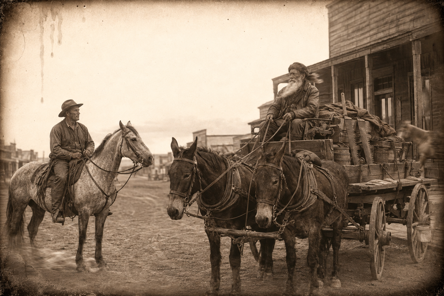 Outside the dry goods store in a cold wind, Call hires the old trapper Hugh Auld to drive a wagon of coats, overshoes and building supplies north to the herd.