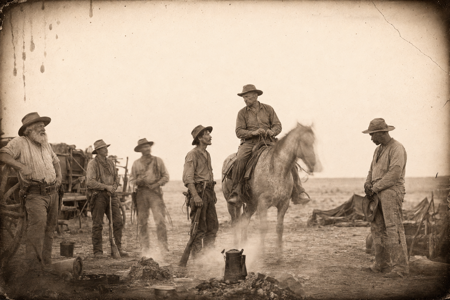 Call trots back into camp to find men standing at the cook fire holding rifles; Dish Boggett tells him twelve horses are gone and Deets stands hangdog, having heard nothing.