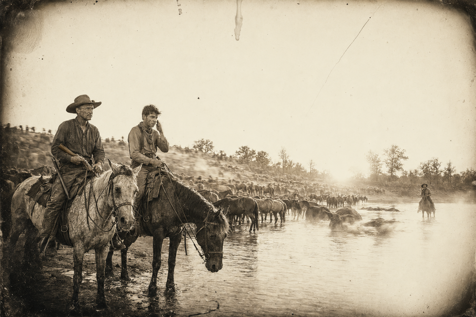 Sunrise at the old Comanche crossing — Call waiting on the bank with the Henry in the crook of his arm, a hundred horses drinking, and Newt wiping a tear into the dirt on his face.