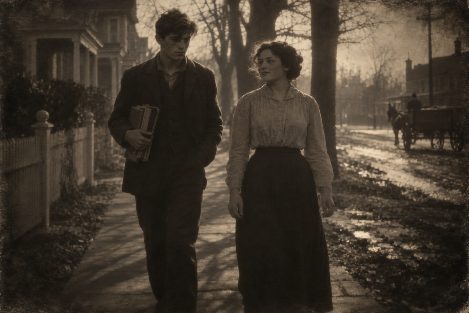 Her books under his arm