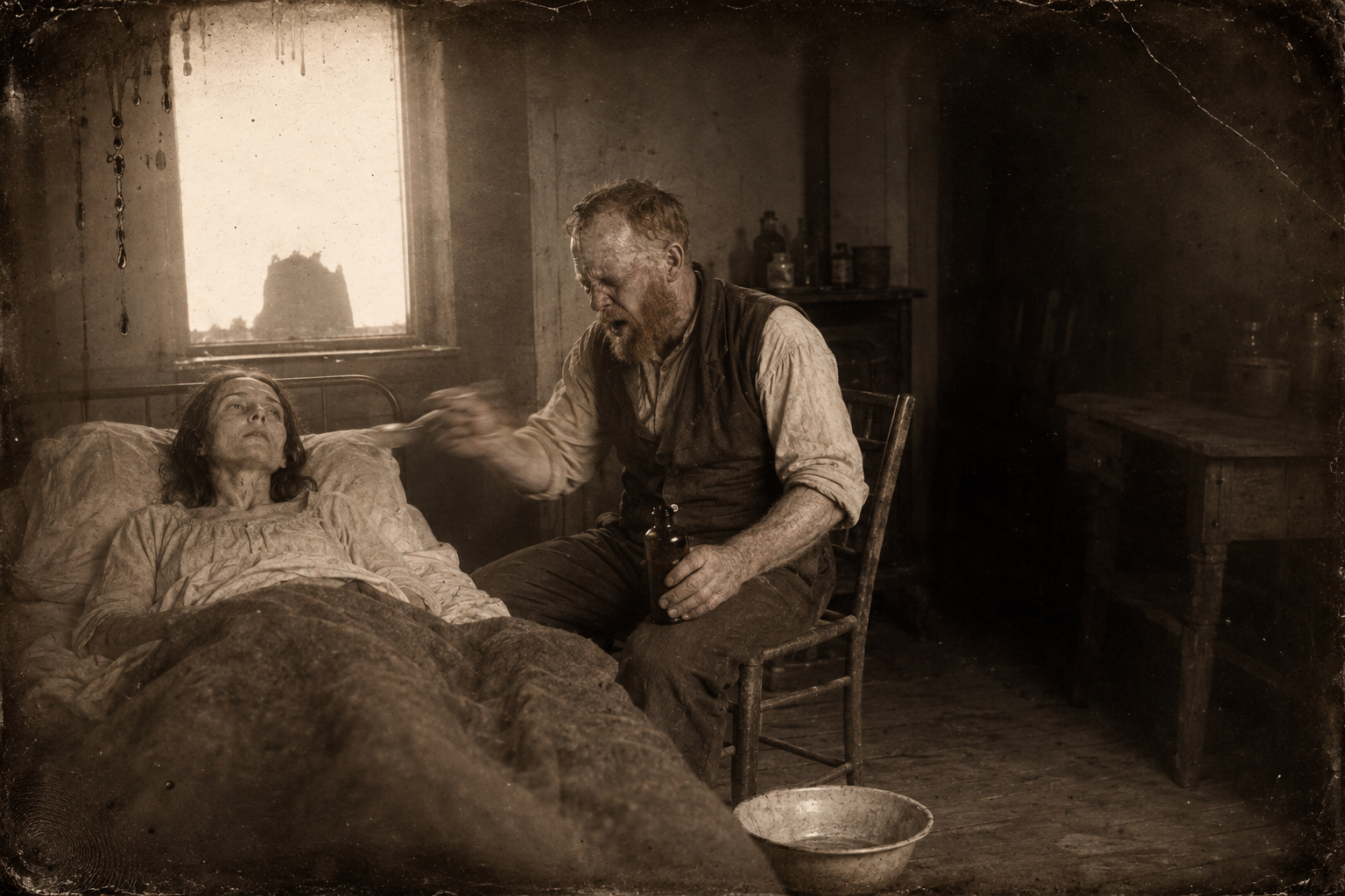 Dr Patrick Arandel sits in the thin frame chair by the bed and feeds Elmira her medicine by the spoonful, coughing so hard he has to set the spoon down.