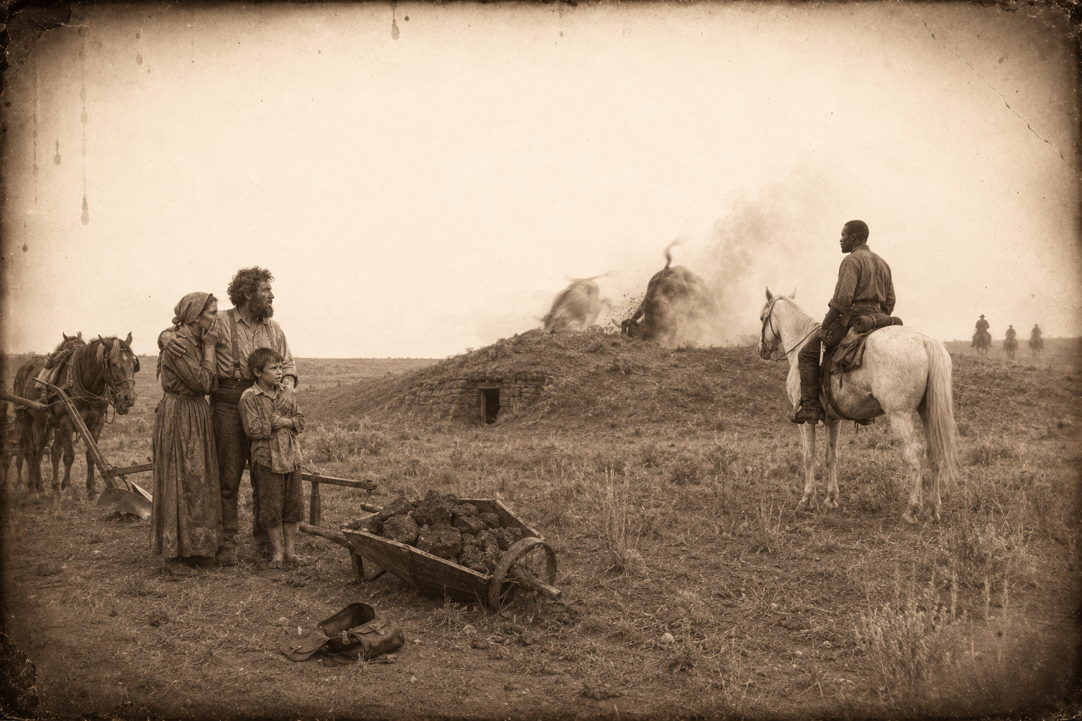 In Kansas, robbed of four dollars, the German family stands crying by the plough while Frog Lip drives their two milk cows through the roof of the sod house.