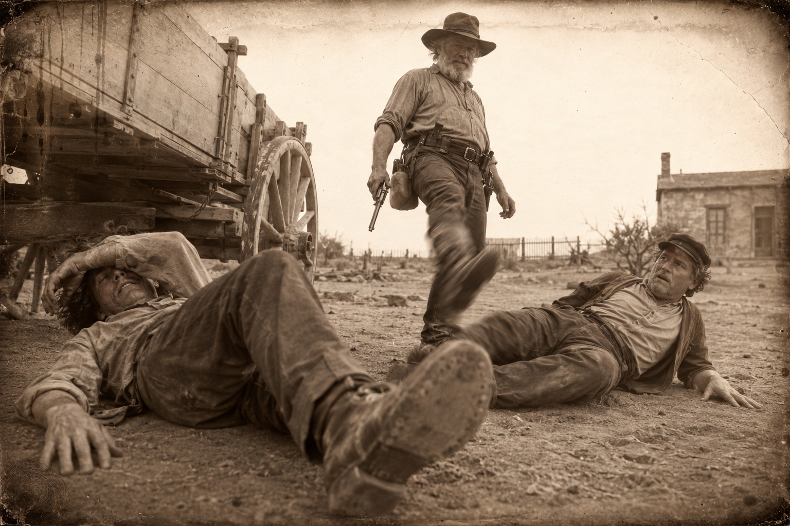 Augustus takes his big pistol off the chair back, walks out and kicks at the Irishmen's feet until Allen O'Brien sits up groggy and says how warm it is.