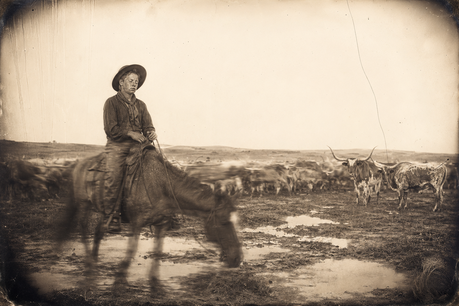 Newt, back in his natural position behind the herd and too tired even to feel relieved, dozes off sitting straight up in the saddle while Mouse keeps to a slow walk.