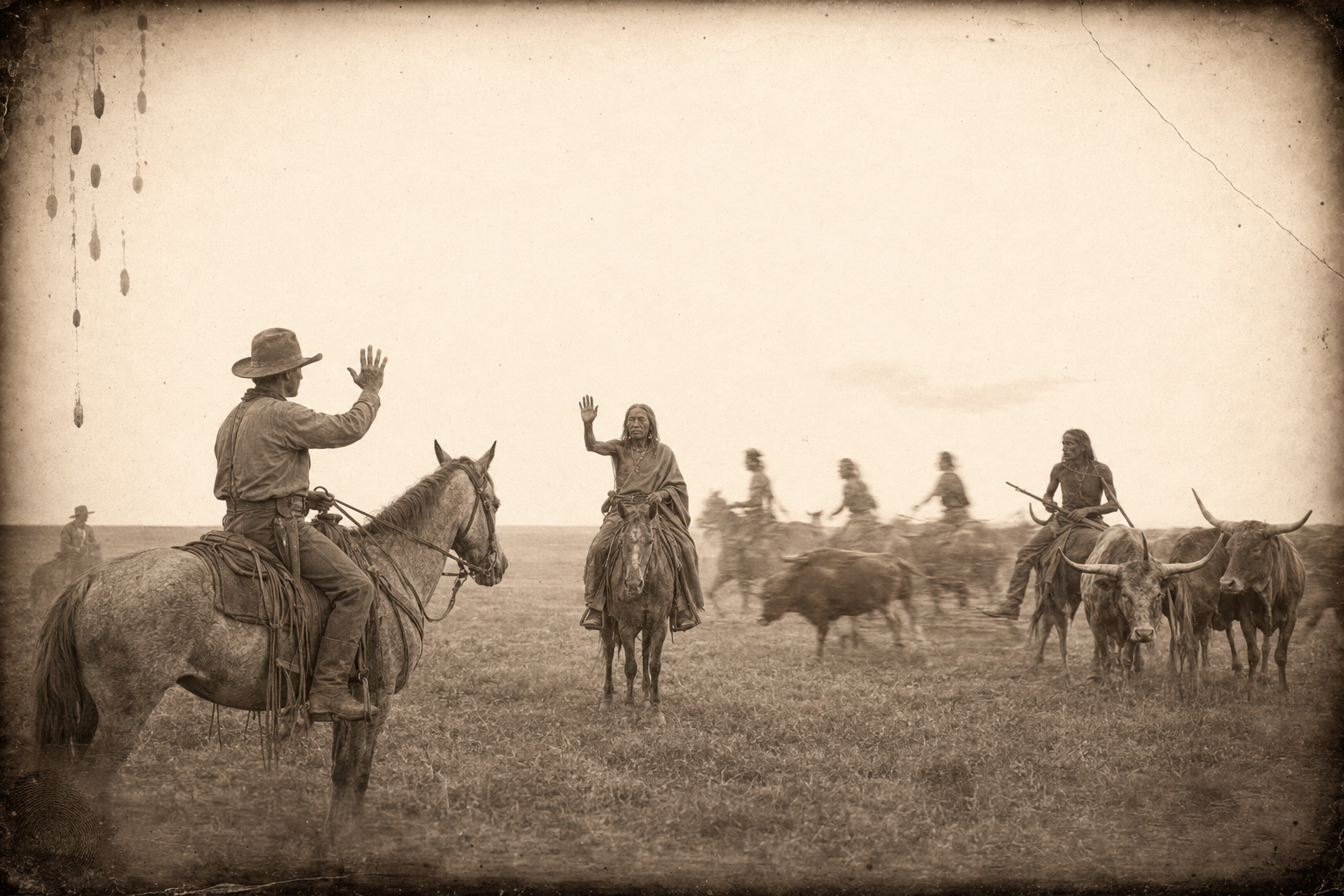 The five starving Wichitas cut the crippled steer out of the drag, and their one-eyed old leader raises his hand to Call, who returns the gesture.