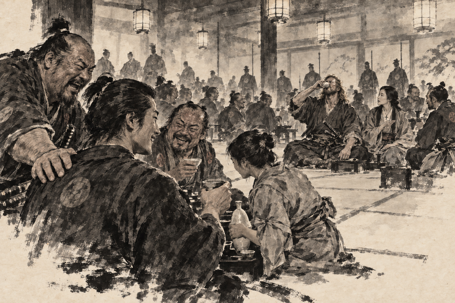 Omi watches the Anjin-san over saké