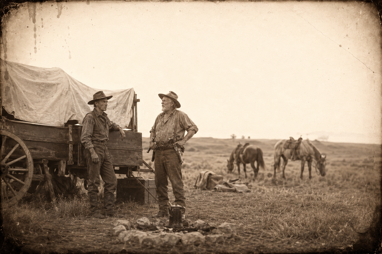 First light by the wagon, Call and Augustus arguing about the stampede and the Indian while they wait on a cook who has not arrived.