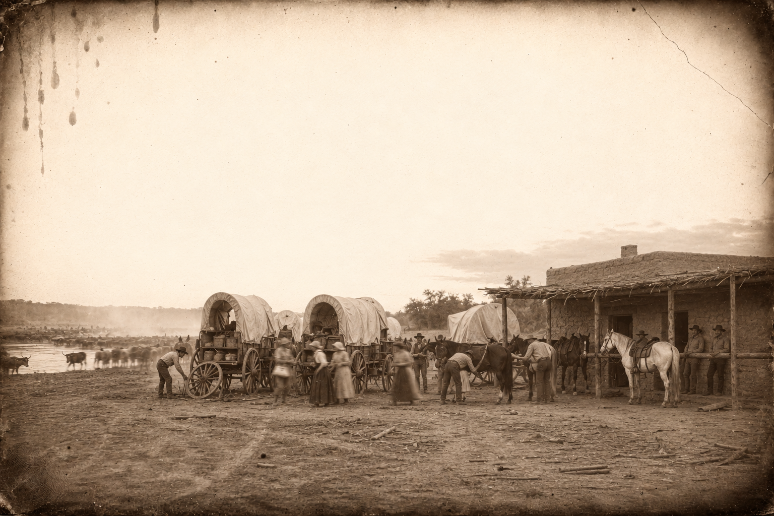 The next day at Doan's Store on the Red River — four nester wagons stopped for supplies, a trail herd crossing a mile to the west.