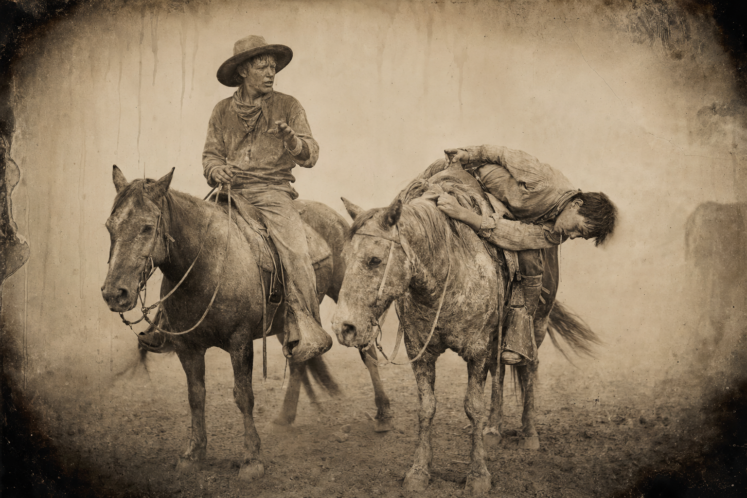 Sean hangs off the side of his horse trying to spit the mud out of his mouth, and Newt rides up to ask if he is hurt.