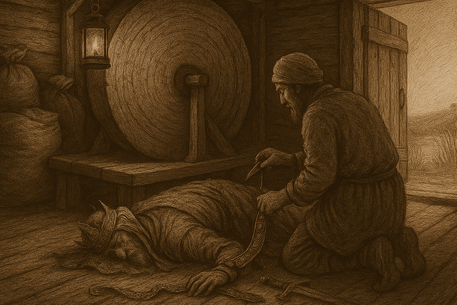 Yazdegerd III, last of the Sasanians, fallen in the dim mill beside the millstone, his jewelled belt cut away.