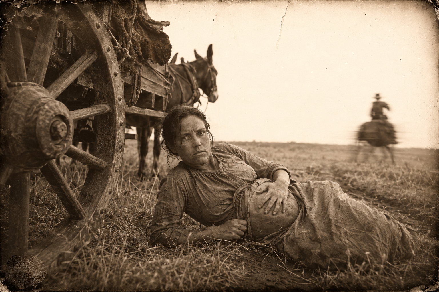 Shoved off the wagon seat, Elmira lies in the grass a hand's width clear of the iron-rimmed wheel with her hand at her belly while Luke rides away cursing.