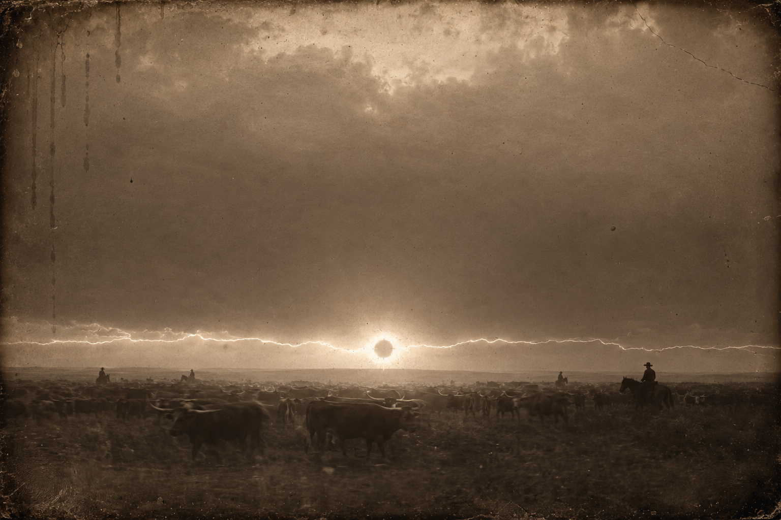 At sunset, a bolt of lightning runs south to north the whole length of the western horizon, bisecting the setting sun.